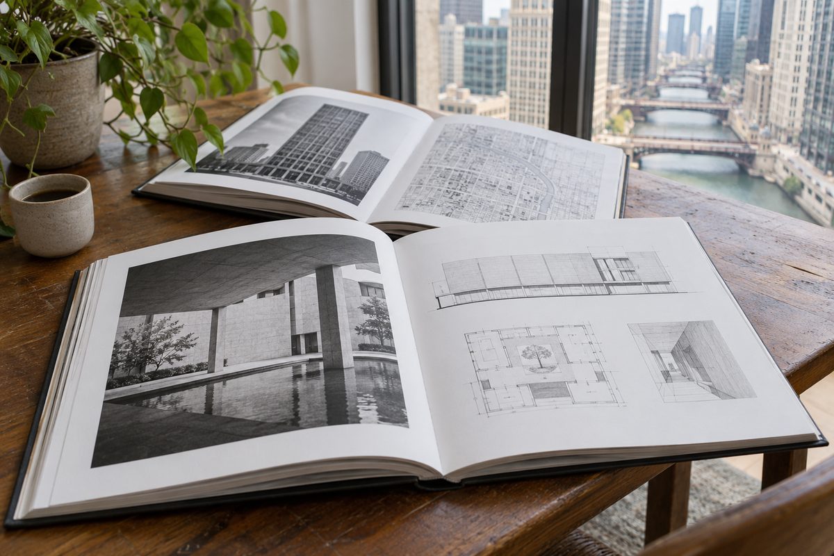 Large-format art and typography monographs open on a studio table