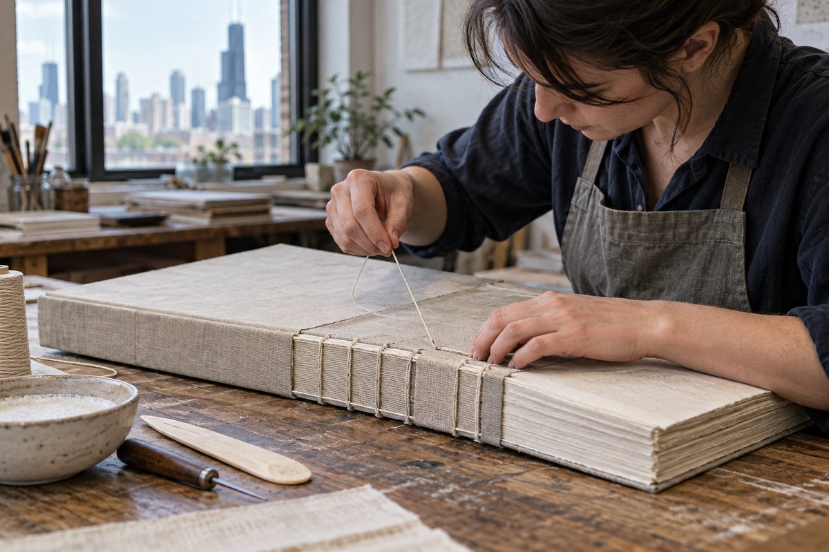 Heavy linen tape sewing securing folded map signatures to an archival folio spine