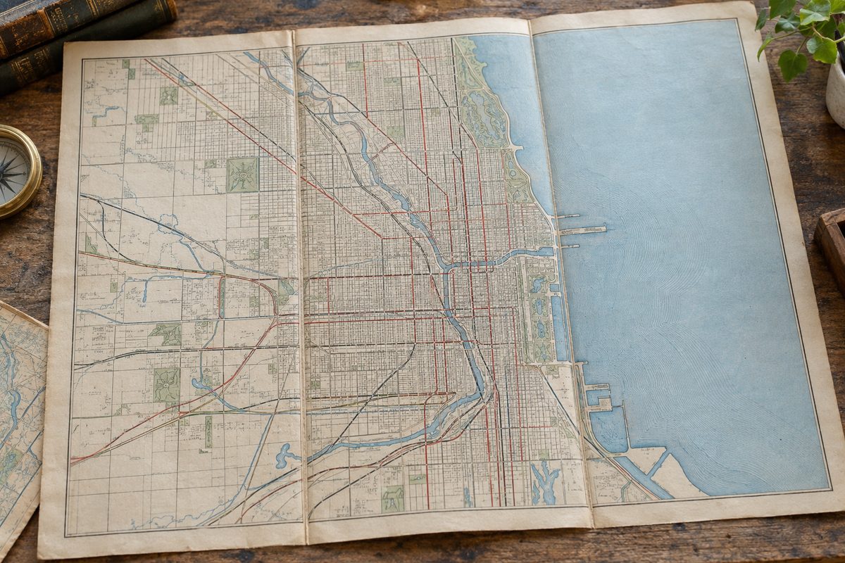 Fold-out antique Midwest transit map plate mounted inside an archival folio