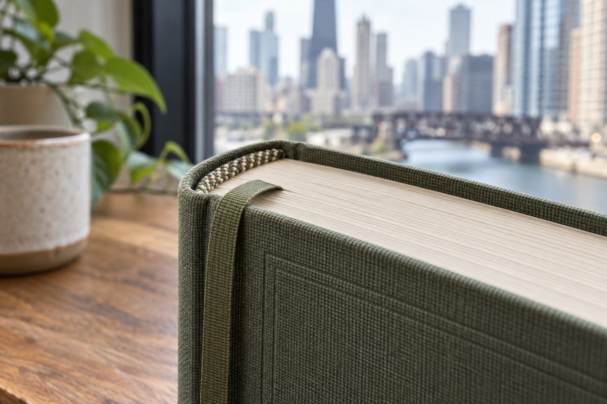 Technical detail of a casebound book spine showing silk headband and bookcloth grain