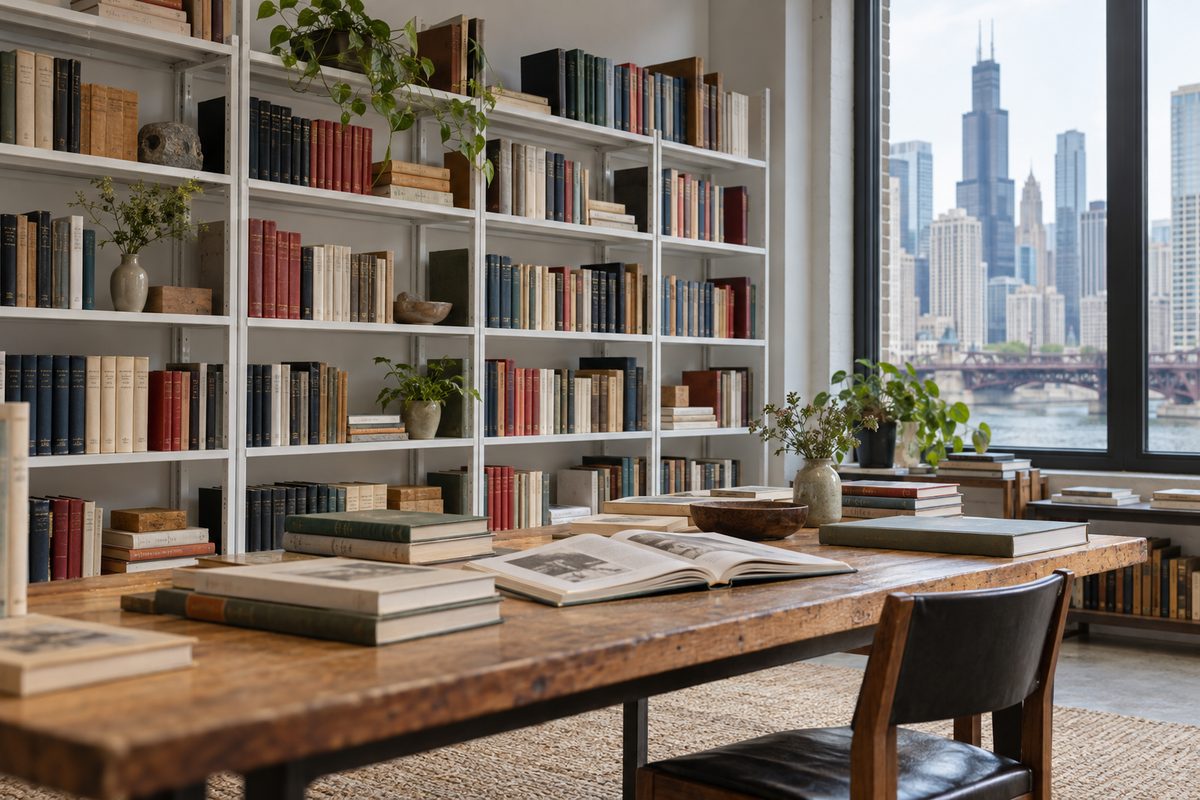 Bookshope catalog room in Chicago with clothbound volumes displayed on steel wall rails