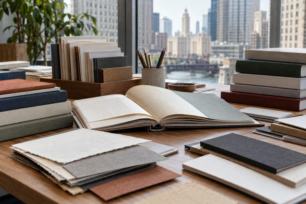 Book cataloging workstation with cloth swatches, paper micrometer, and index register