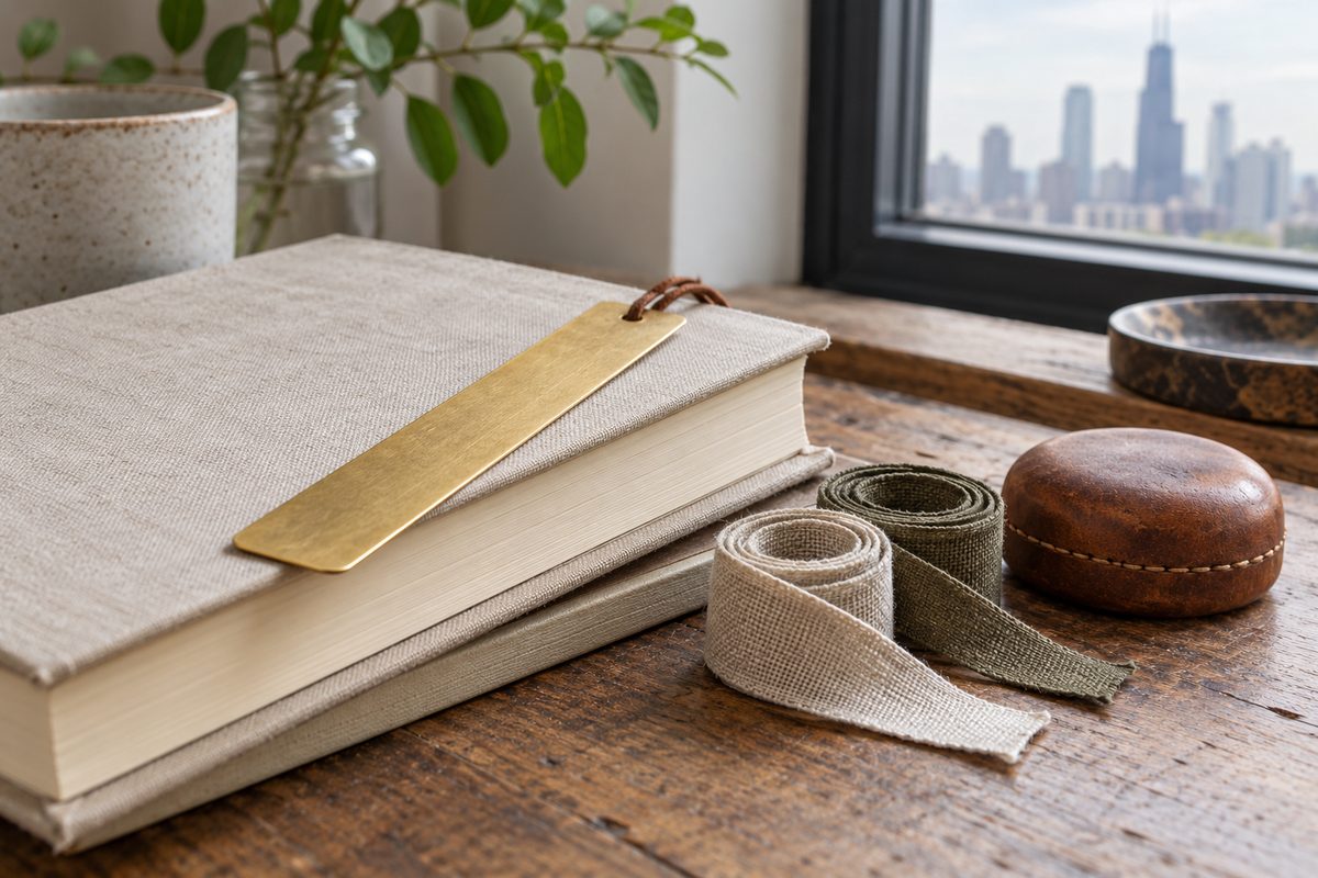Reading accessories including milled brass bookmark, linen ribbons, and leather book weight
