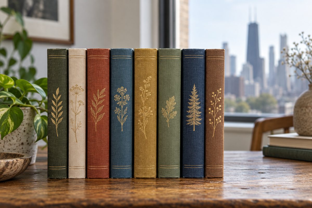 Row of clothbound fiction novels showing embossed titles on linen spines