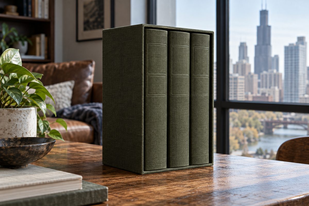 Custom dark olive buckram slipcase holding a three-volume matched book set