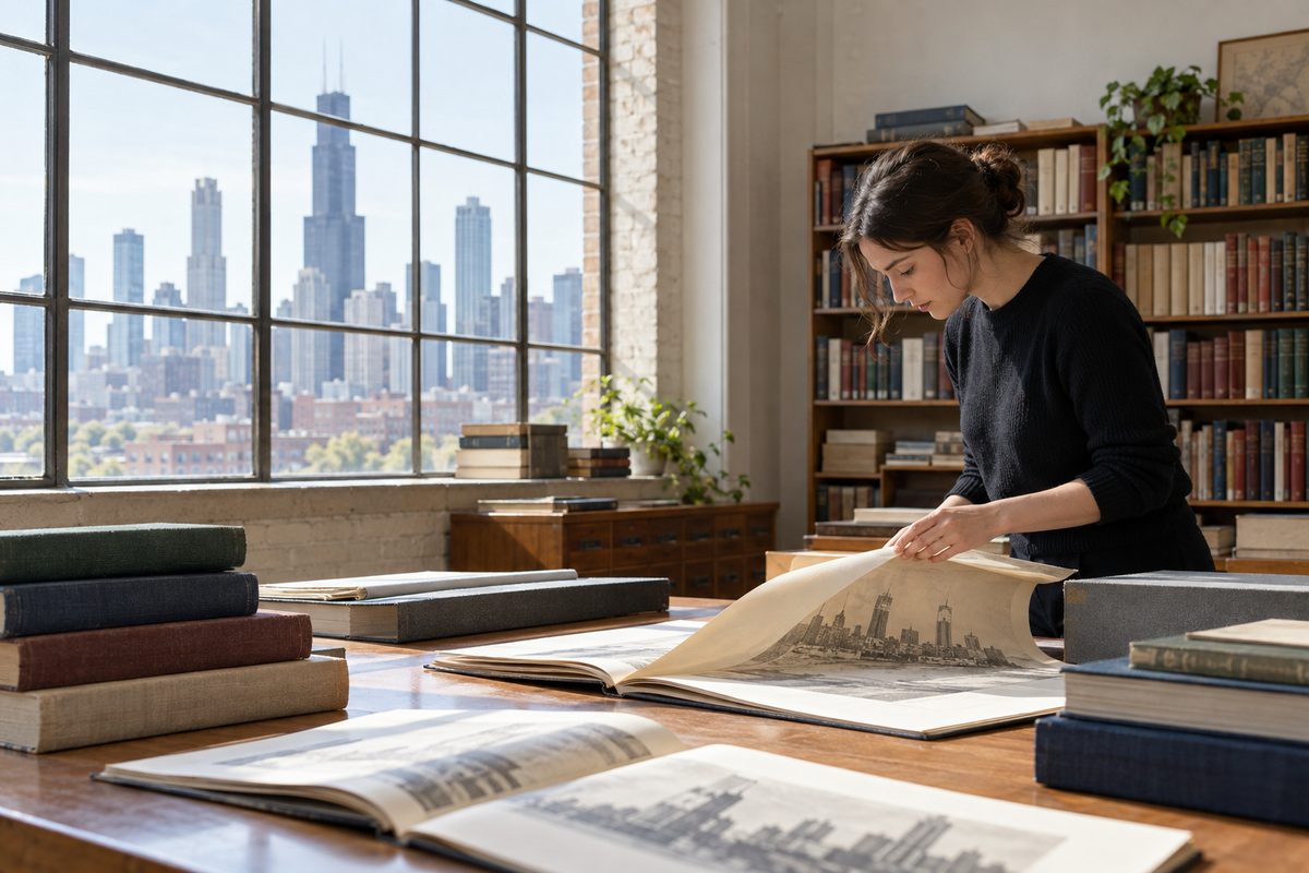 Archival paper book collection laid out on an oak reading table under soft window light