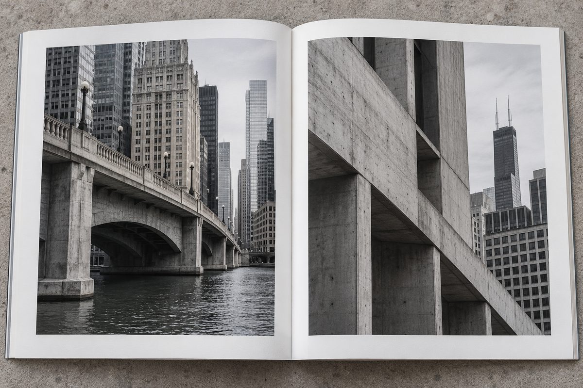 Open architectural monograph showing high-contrast concrete building photographs