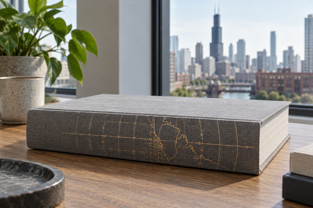 Square spine of Brutalist Chicago Archive bound in coarse grey archival buckram