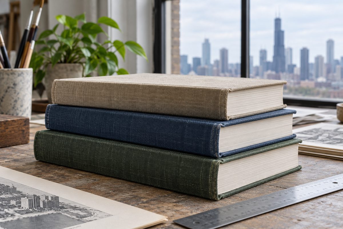 Stack of hardbound historical and philosophical folios with steel measuring rule