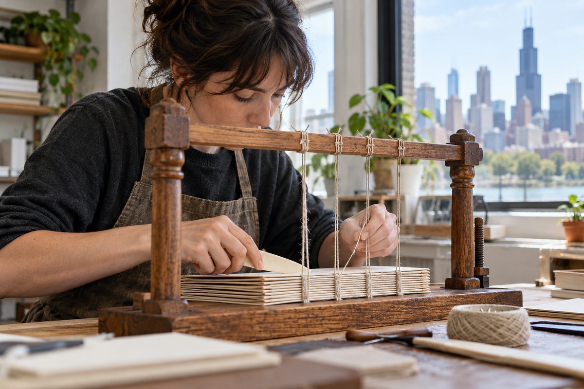 Bookbinder hands sewing paper signatures onto linen tapes using a traditional wooden frame