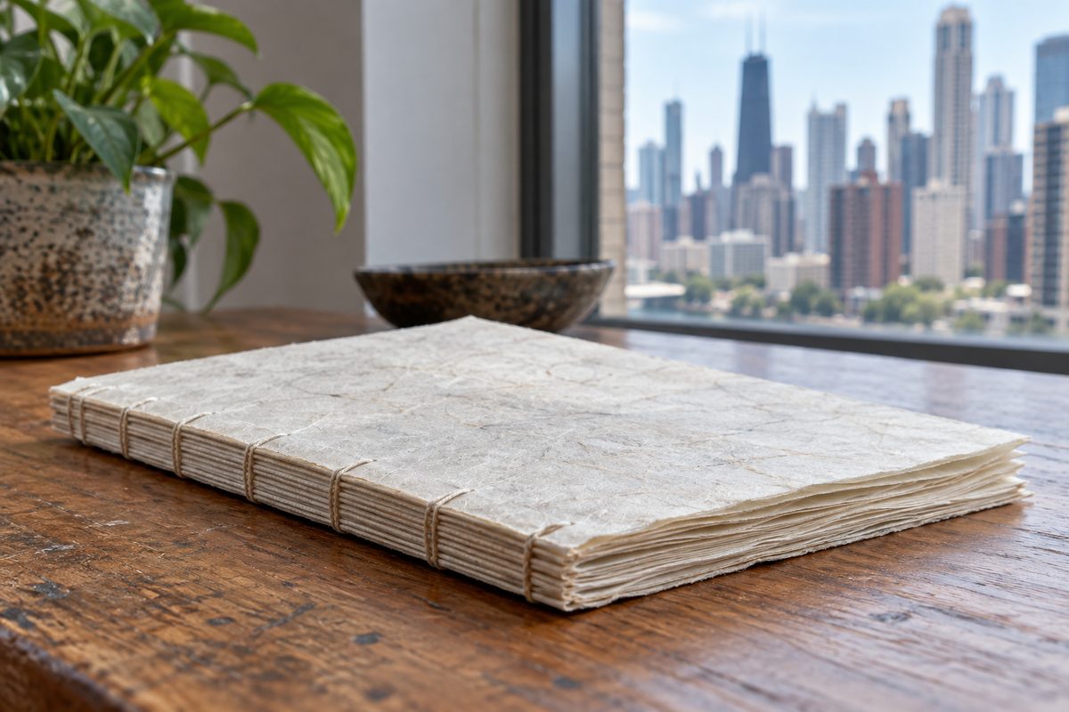 Hand-stitched kettle stitch spine of a poetry volume on Japanese handmade paper