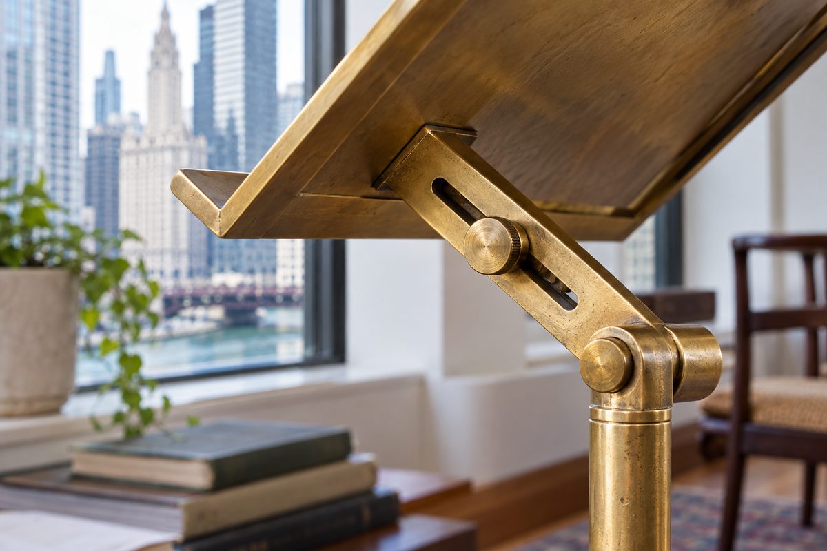 Machined brass joint and adjustment notch detail of heavy reading easel