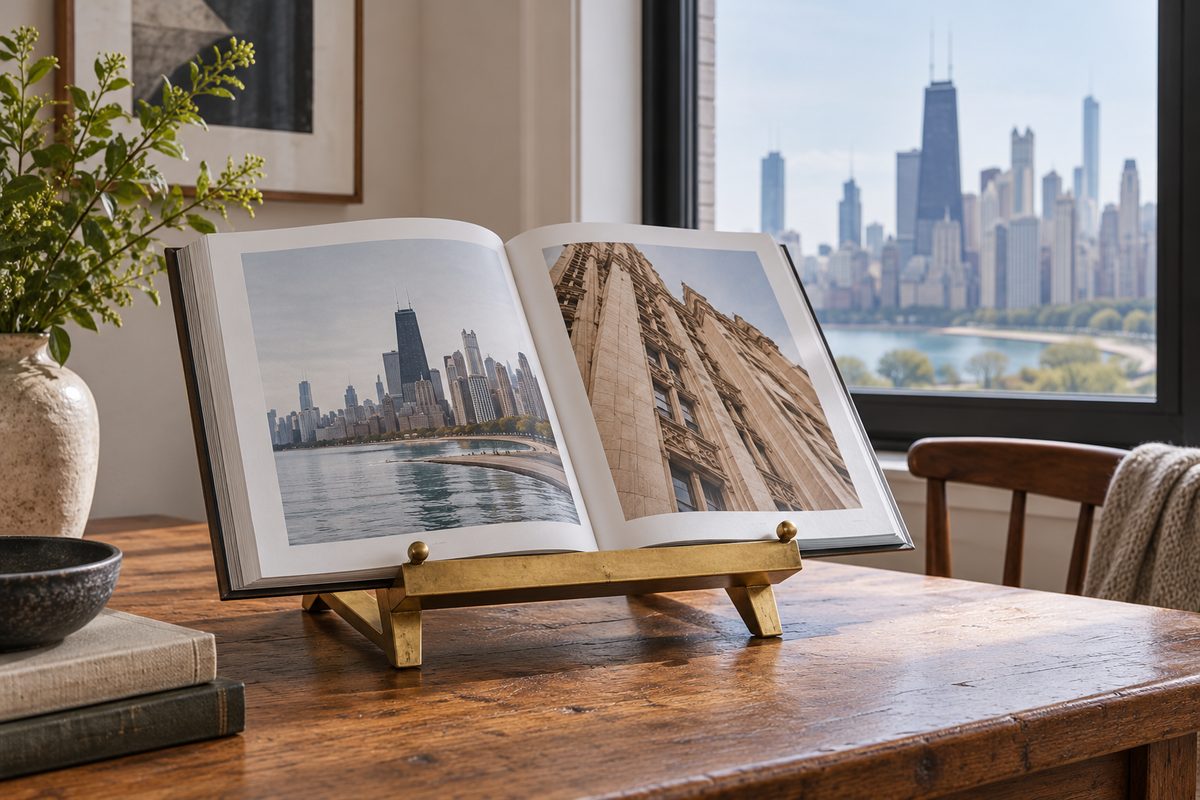 Solid unlacquered brass desktop book easel holding open a heavy art monograph