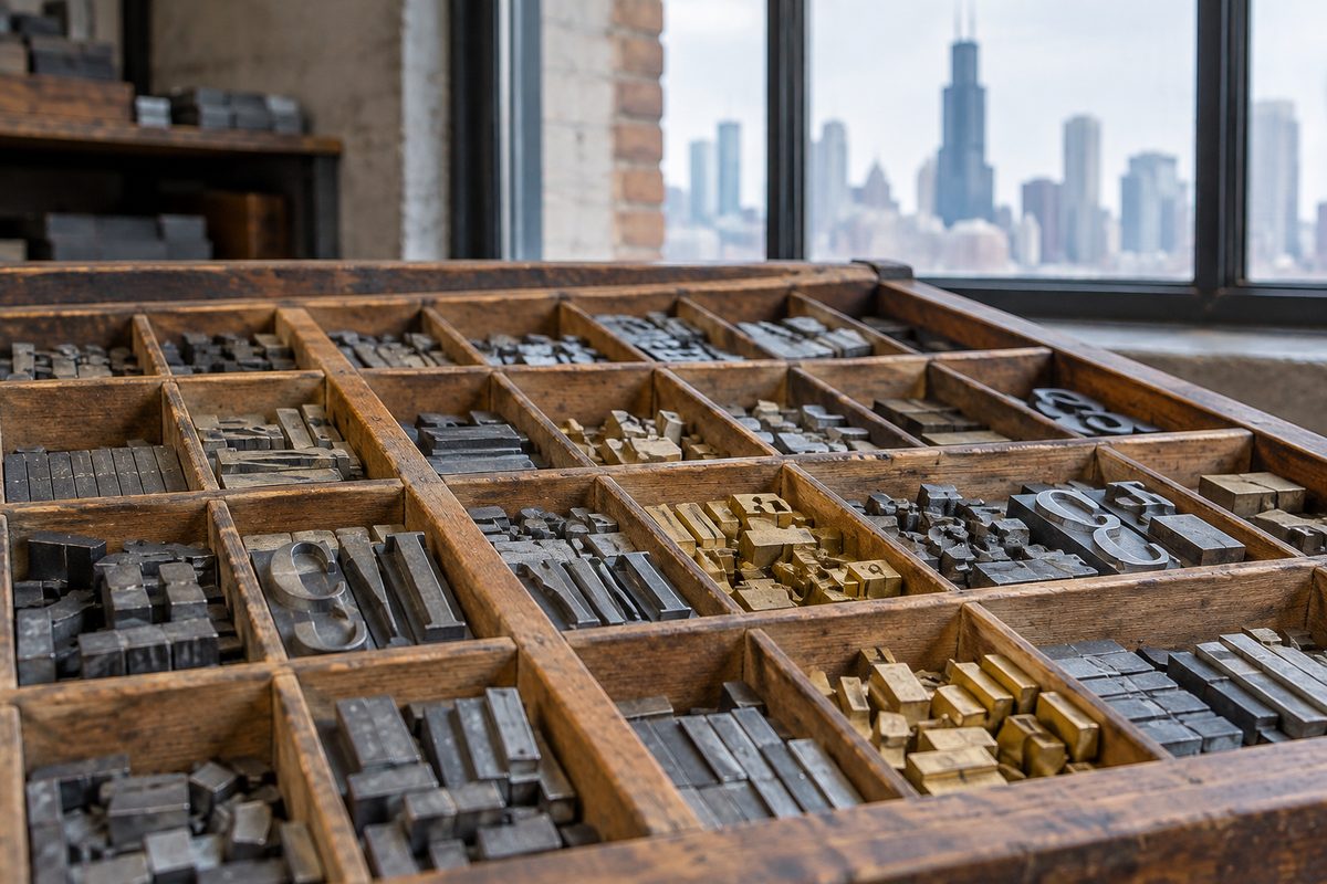 Wooden typesetter drawer containing organized compartments of metal printing type