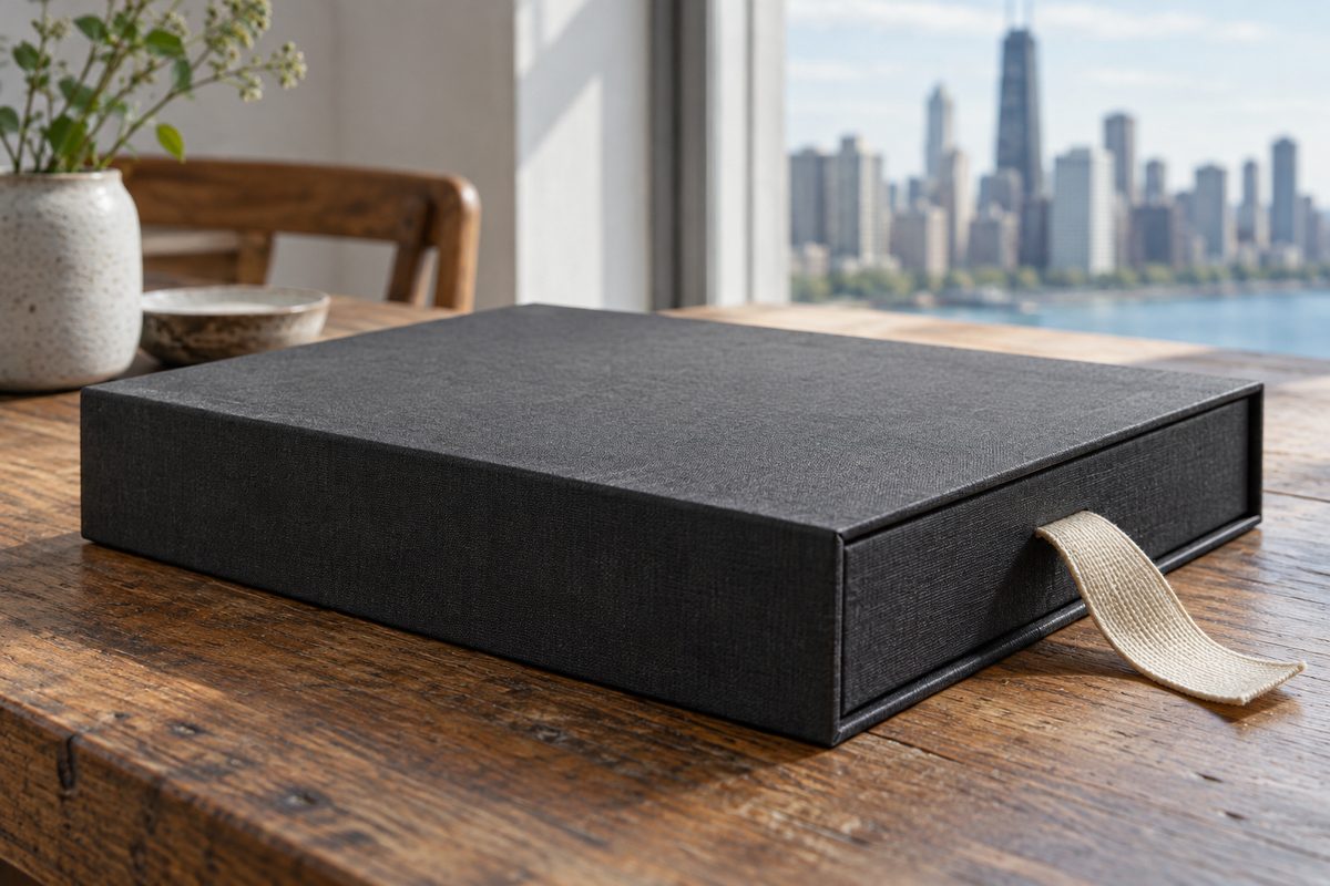 Charcoal paper-wrapped protective book slipcase with silk extraction ribbon